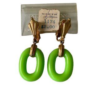 Vintage Acrylic Green Oval Gold Tone Dangle Earrings Original Card Clip-ons
